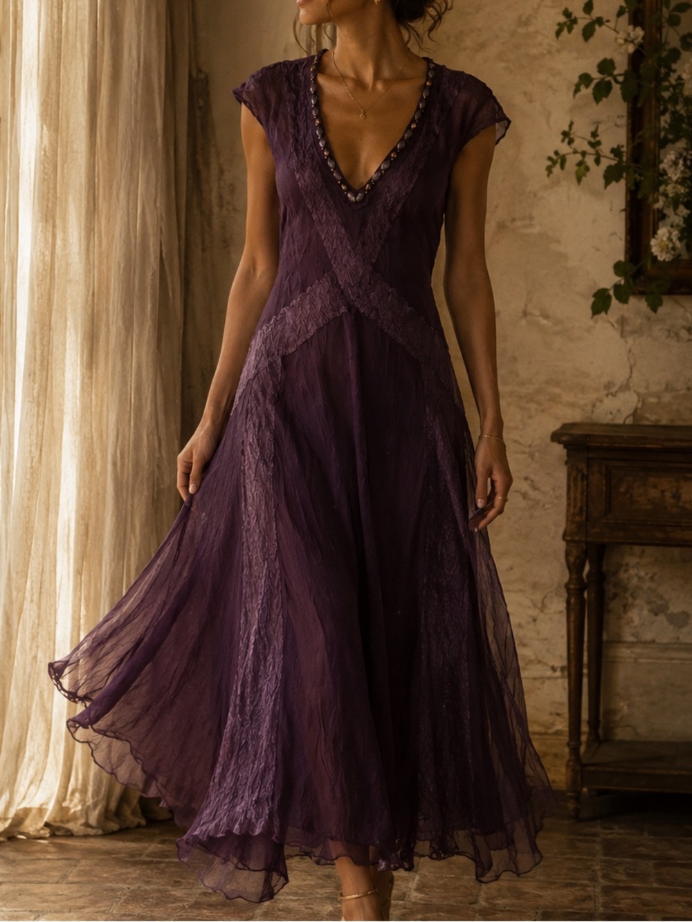 Komarov Purple Crinkle Satin Sheer Beaded Plunge Neckline Flapper Dress Fairy